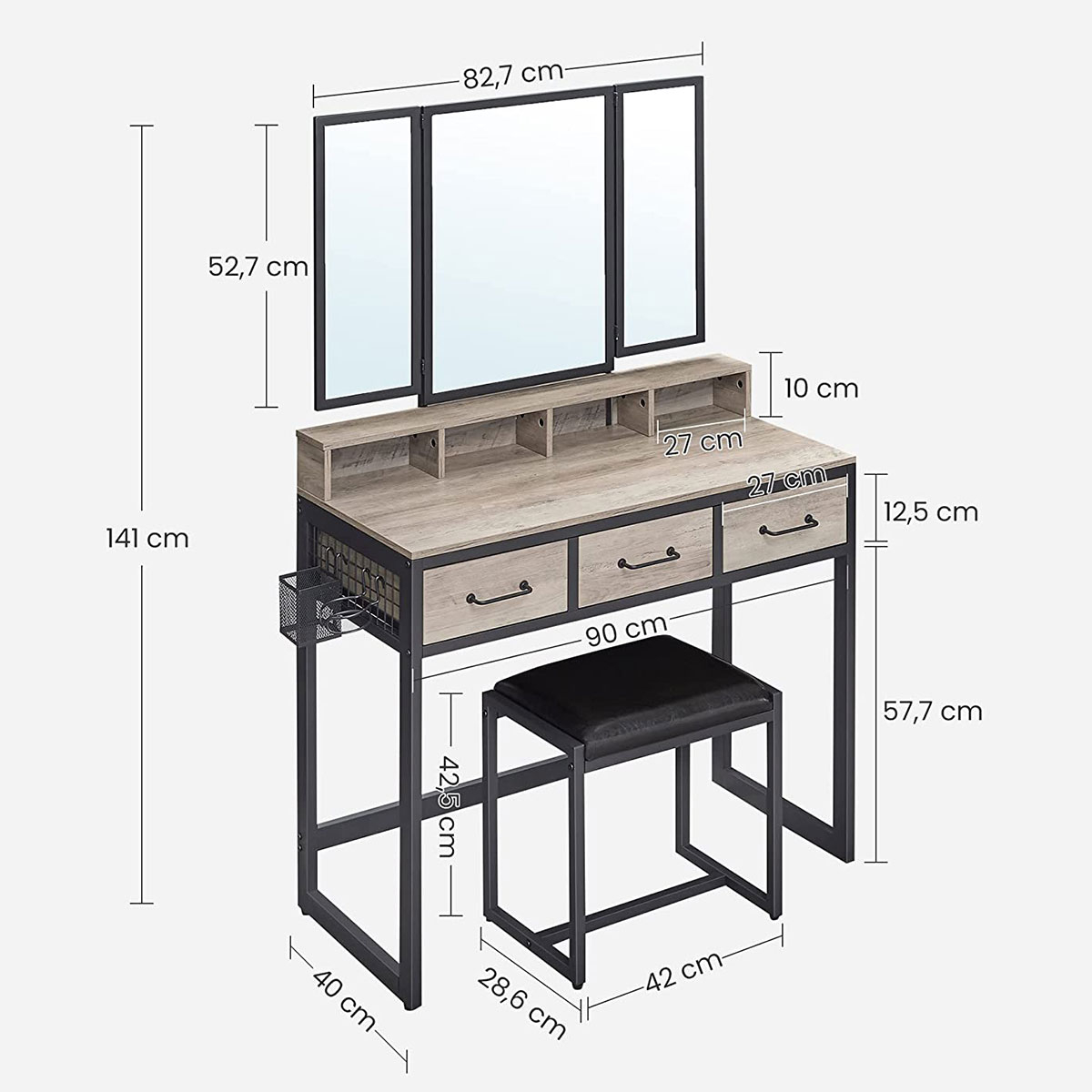 Μπουντουάρ με Καθρέφτη Σκαμπό (90X40X141) Vasagle Rvt004B02 Home Έπιπλα Κρεβατοκάμαρας & Τουαλέτες Spitishop