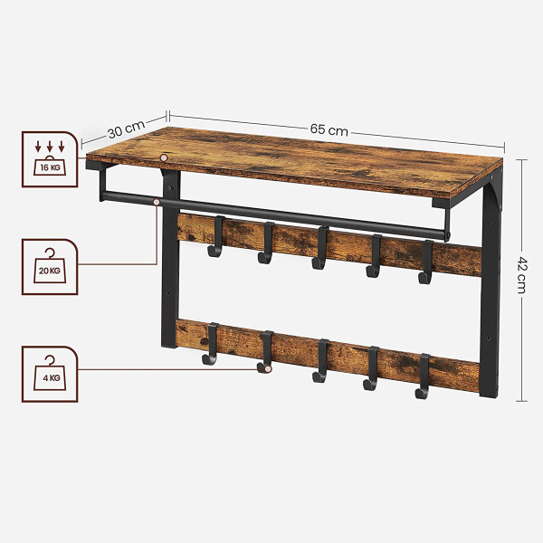 Κρεμάστρα Τοίχου 10 Θέσεων Με Ράφι (65x30x42) Vasagle LCR101B01