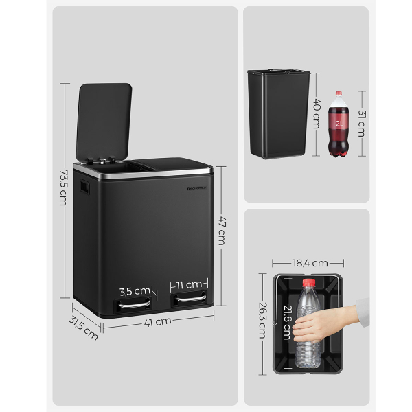 Κάδος Απορριμμάτων Διπλός (41x31.5x47) Songmics 30lt LTB30BK