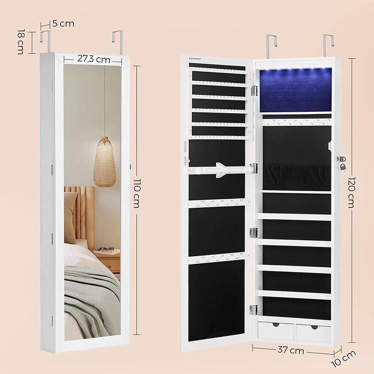 Καθρέφτης Τοίχου Κοσμηματοθήκη με Led (37X10X120) Songmics Jbc93W Home Οργάνωση & Αποθήκευση Μπιζουτιέρες Κοσμηματοθήκες Spitishop