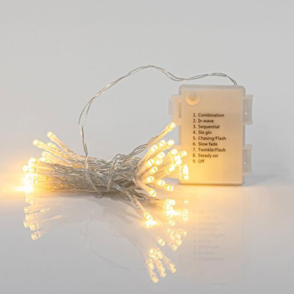 Χριστουγεννιάτικα Λαμπάκια 48 Led Σε Σειρά 4μ Θερμό Λευκό Με 8 Προγράμματα & Μπαταρία Eurolamp 600-11224