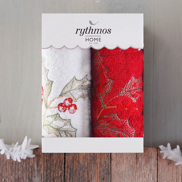 Χριστουγεννιάτικες Πετσέτες (Σετ 2τμχ) Rythmos Mistletoe Red/White 500gsm