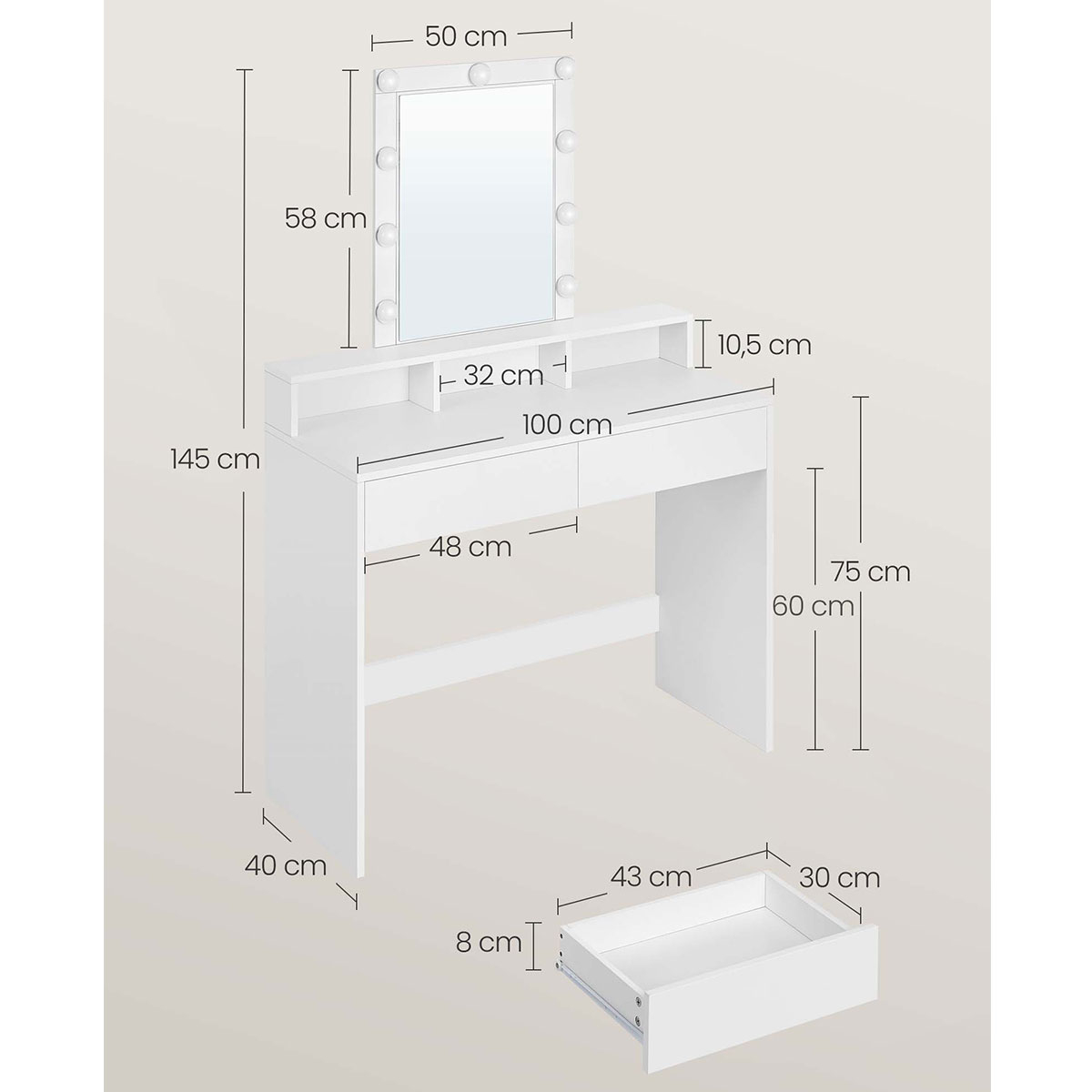 Μπουντουάρ με Καθρέφτη Φως (100X40X145) Vasagle Rdt164W01 Home Έπιπλα Κρεβατοκάμαρας & Τουαλέτες Spitishop