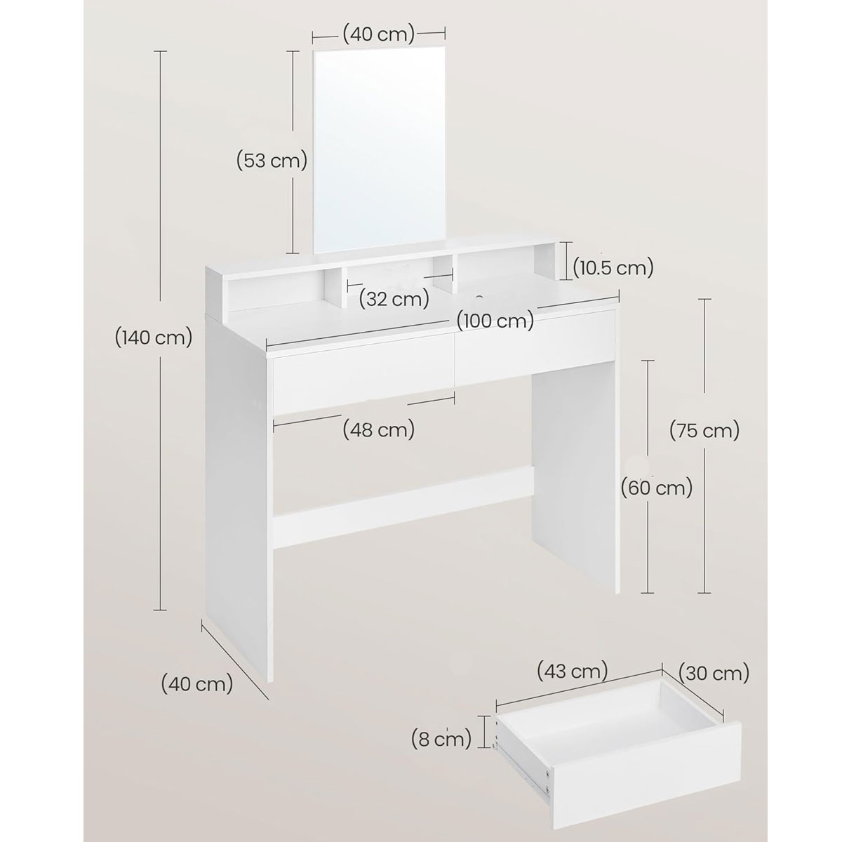 Μπουντουάρ με Καθρέφτη (100X40X140) Vasagle Rdt163W01 Home Έπιπλα Κρεβατοκάμαρας & Τουαλέτες Spitishop