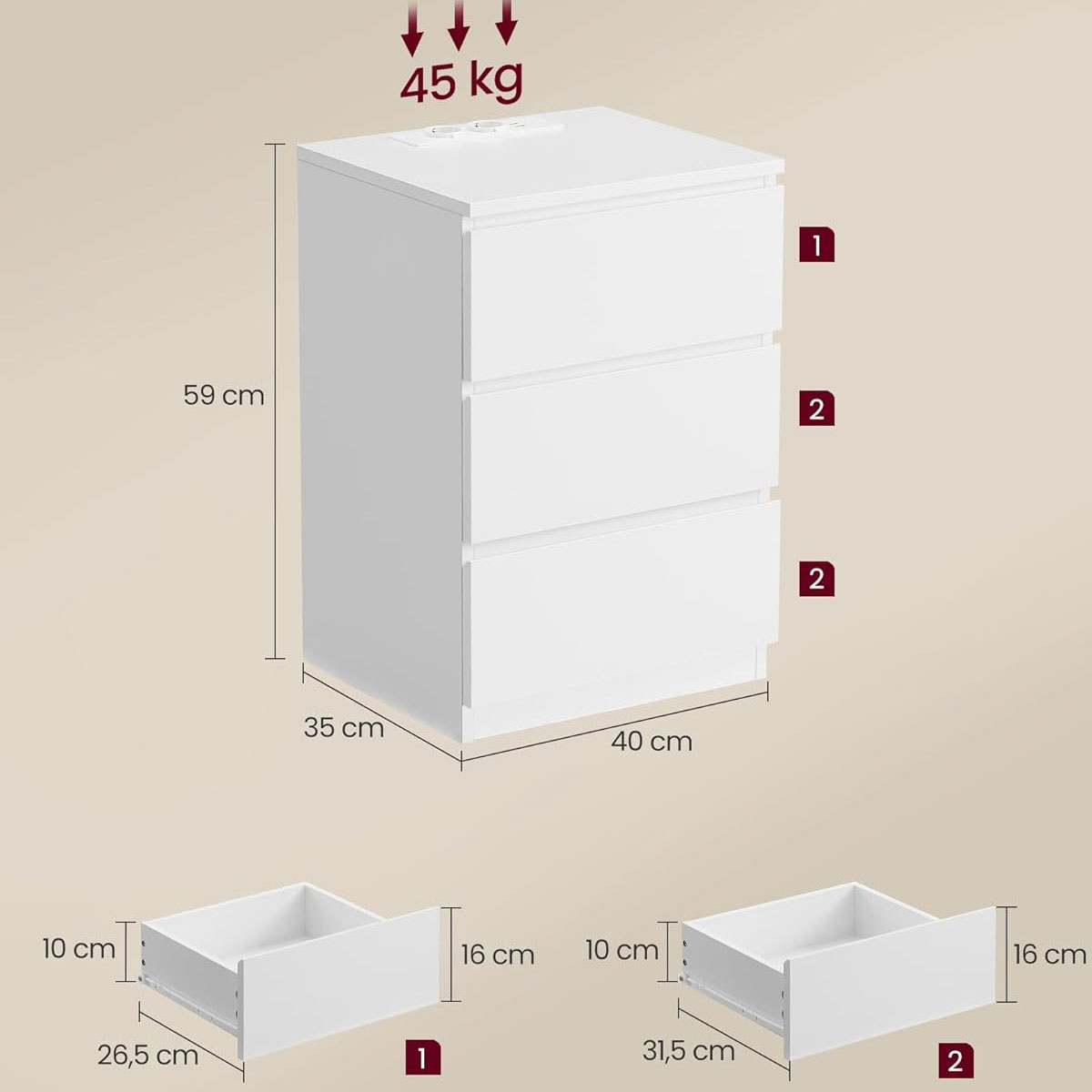 Κομοδίνο με Ενσωματωμένες Πρίζες Usb (40X35X59) Vasagle Let631W14V2 Home Έπιπλα Κρεβατοκάμαρας Κομοδίνα Spitishop