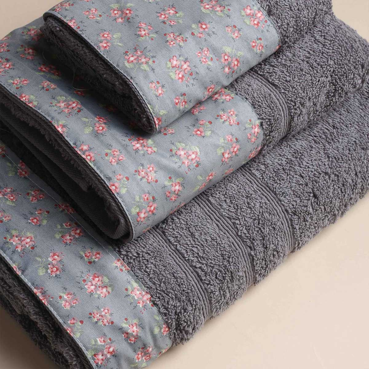 Πετσέτες Μπάνιου (Σετ 3Τμχ) White Fabric Botanical Border Grey 500Gsm Home Λευκά Είδη Spitishop