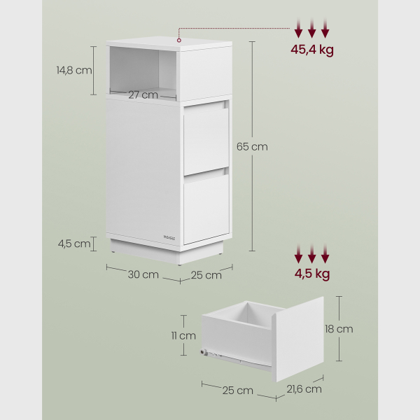 Κομοδίνο Με 2 Συρτάρια & Ράφι (30x25x65) Vasagle LET656W01