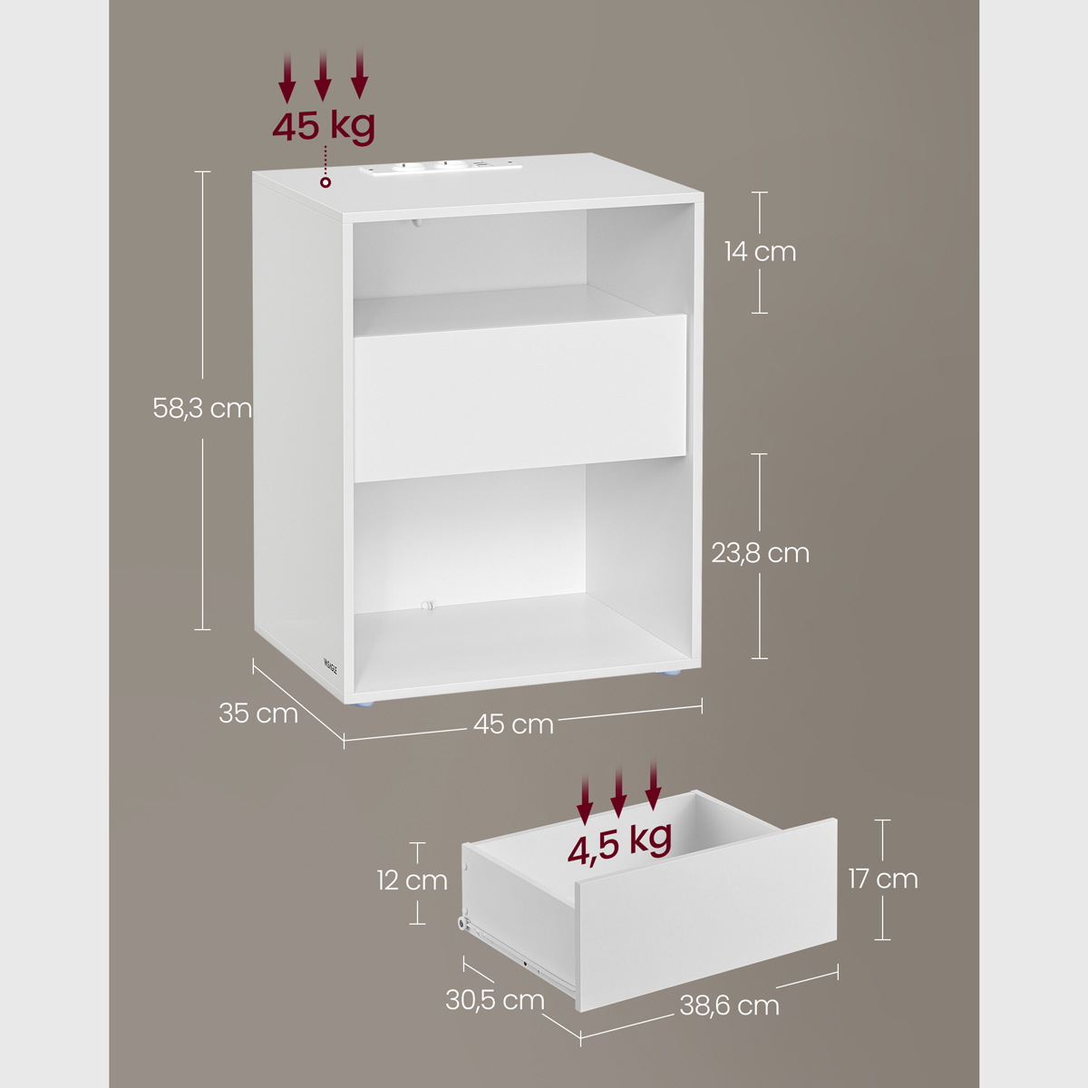Κομοδίνο με Ενσωματωμένες Πρίζες Usb (35X45X58 3) Vasagle Let777W04 Home Έπιπλα Κρεβατοκάμαρας Κομοδίνα Spitishop