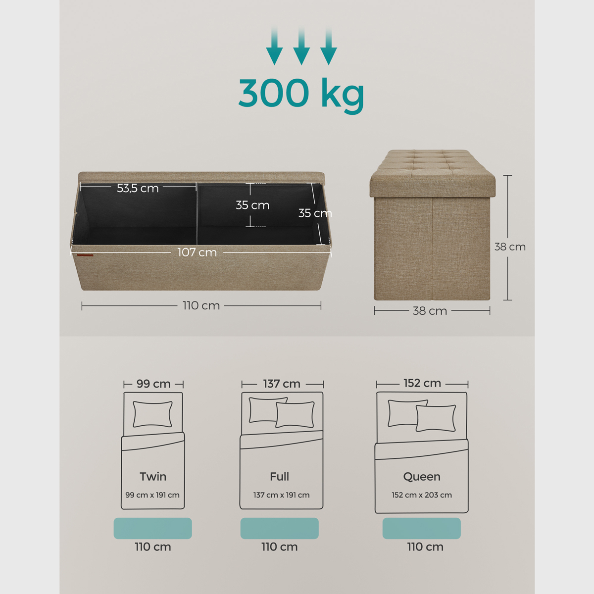 Ταμπουρέ με Αποθηκευτικό Χώρο (110X38X38) Songmics Lsf077R01V2 Home Έπιπλα Spitishop