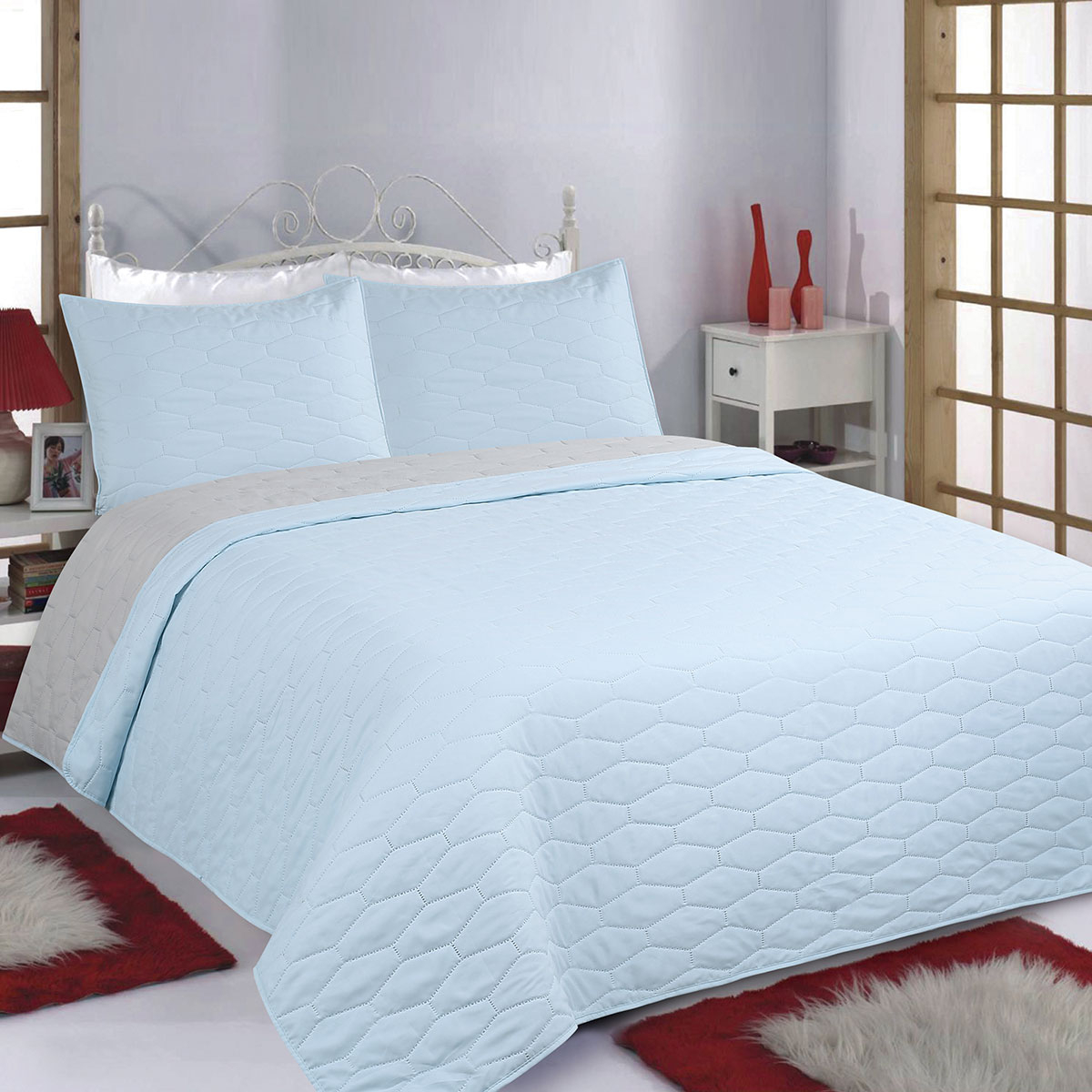 Silk Fashion Κουβερλί King Size (Σετ 240x260) 2 Όψεων Silk Fashion Ruby Blue-Grey