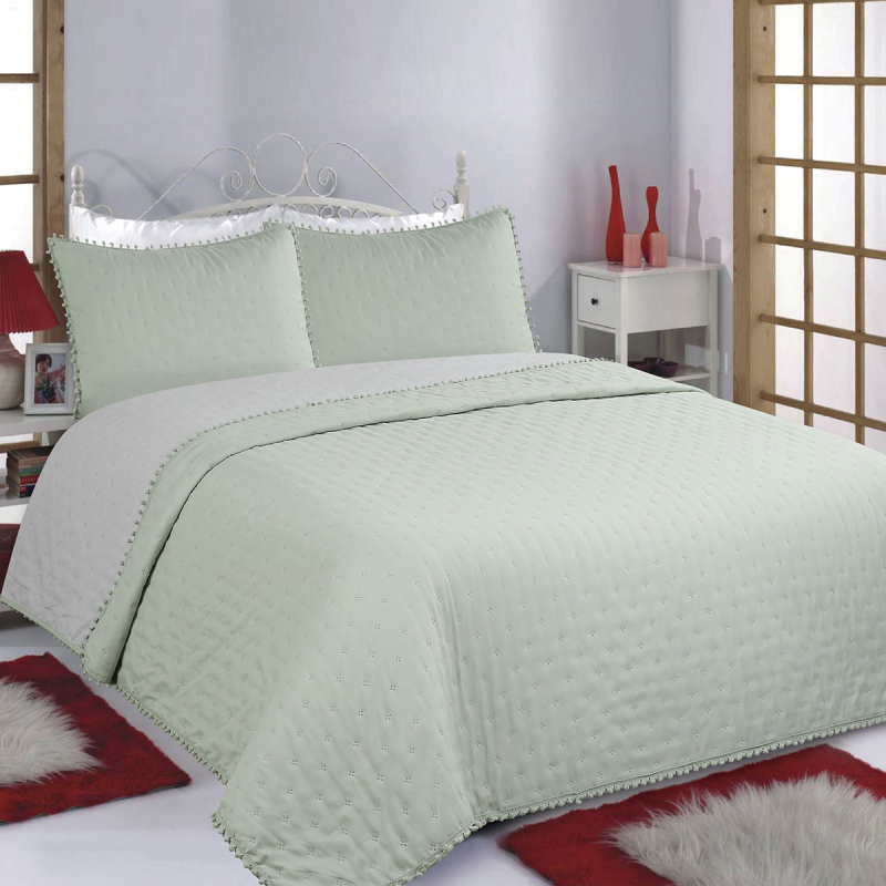 Κουβερλί King Size (Σετ 240x260) 2 Όψεων Silk Fashion Pon Pon Mint-Grey