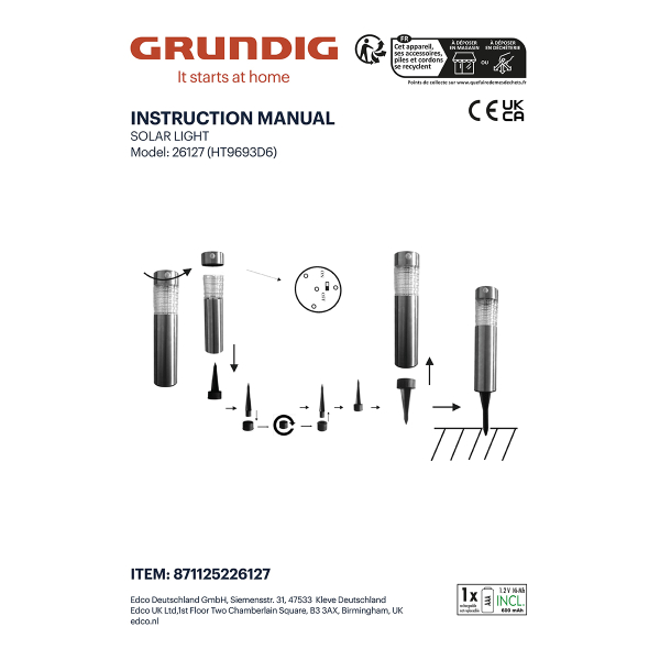 Ηλιακό Φωτιστικό Καρφωτό (Φ6x39) Grundig 871125226127