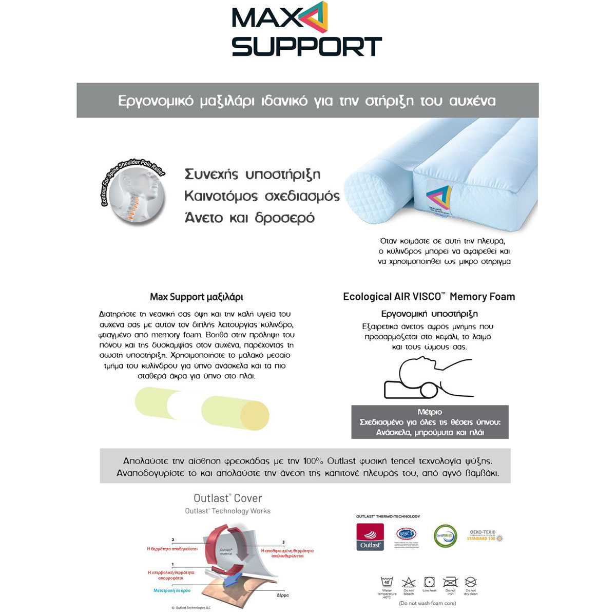 Μαξιλάρι Ύπνου Ανατομικό Μέτριο (40X60) Palamaiki Max Support Memory Foam Home Λευκά Είδη Κρεβατοκάμαρας Μαξιλάρια Spitishop