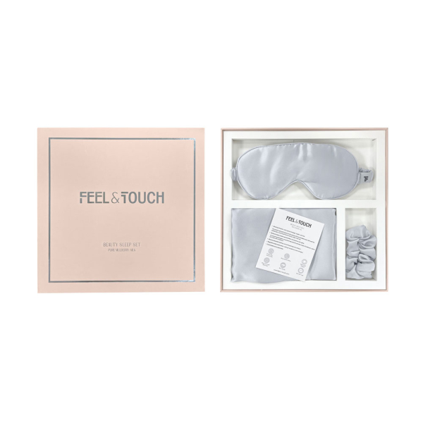 Μεταξωτή Μαξιλαροθήκη Φάκελος + Μάσκα Ύπνου + Scrunchie Feel & Touch Beauty Sleep Silver