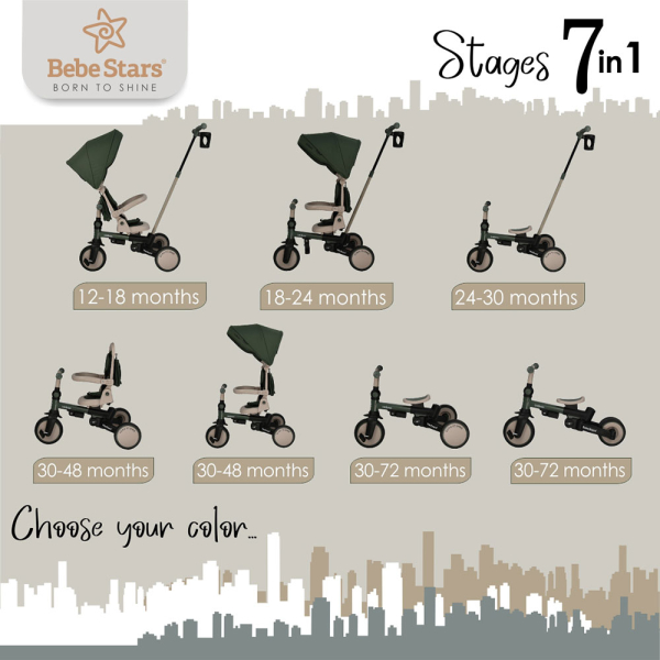 Ποδήλατο Τρίκυκλο (12 Μηνών - 6 Ετών) Bebe Stars Urban 7 In 1 Smoked Grey 822-186