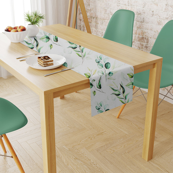 Αλέκιαστο Τραπεζομάντηλο (140x300) + Τραβέρσα (40x300) Dimcol Green Leaves 462 White-Green
