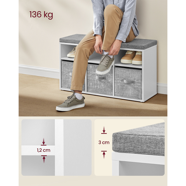 Παγκάκι Εισόδου Με Αποθηκευτικό Χώρο & 3 Κουτιά Αποθήκευσης (87x30.3x48) Vasagle LSB101W14