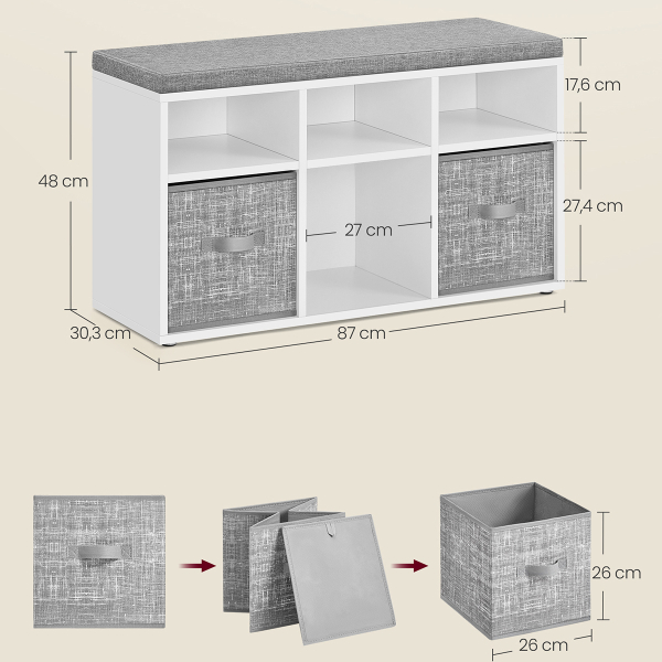 Παγκάκι Εισόδου Με Αποθηκευτικό Χώρο & 3 Κουτιά Αποθήκευσης (87x30.3x48) Vasagle LSB101W14