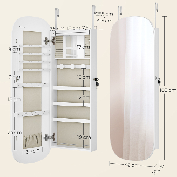 Καθρέφτης Τοίχου/Κοσμηματοθήκη (42x10x108) Songmics JJC026W01