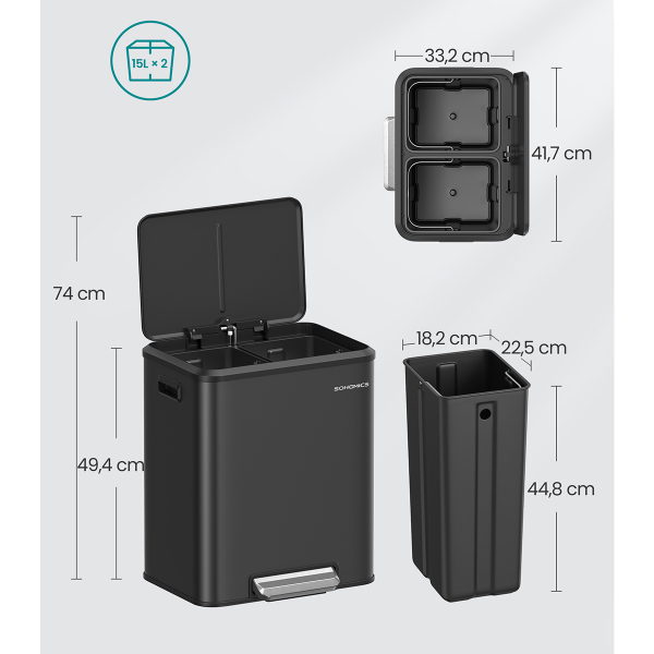 Κάδος Απορριμμάτων Διπλός (41.7x33.2x49.4) Songmics 30lt LTB544B02