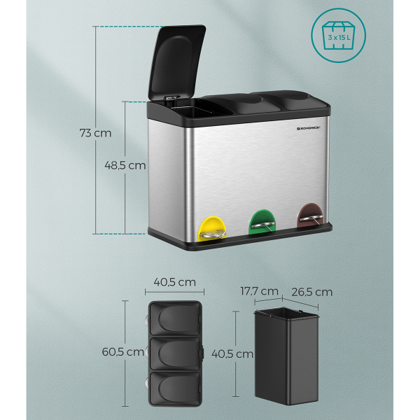 Κάδος Απορριμμάτων Τριπλός (60.5x40.5x48.5) Songmics 45lt LTB45L
