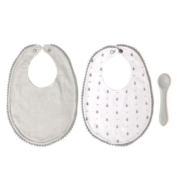 Σαλιάρες (Σετ 2τμχ) + Κουτάλι Φαγητού Σιλικόνης Kiokids 5080 Γκρι