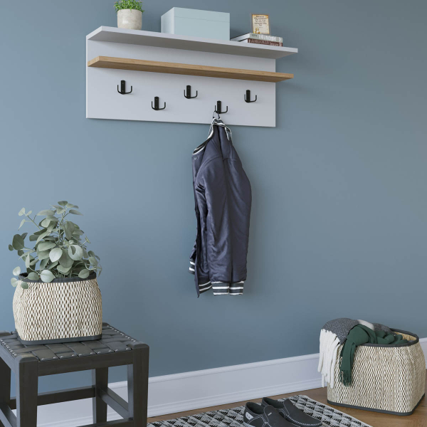 Κρεμάστρα Τοίχου 5 Θέσεων Με Ράφια (90x19.6x31.4) A-G Rolker 935CMN1903 White/Oak