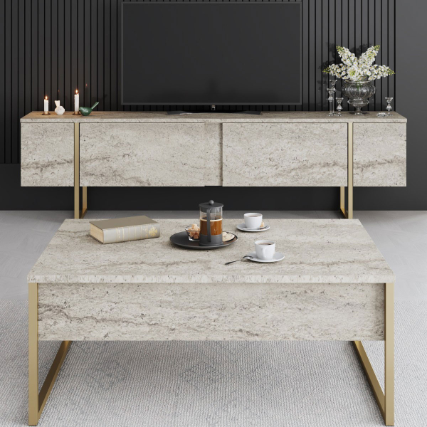 Τραπέζι Σαλονιού (90x60x40) A-G Luxe 618BLY1354 Travertine/Gold