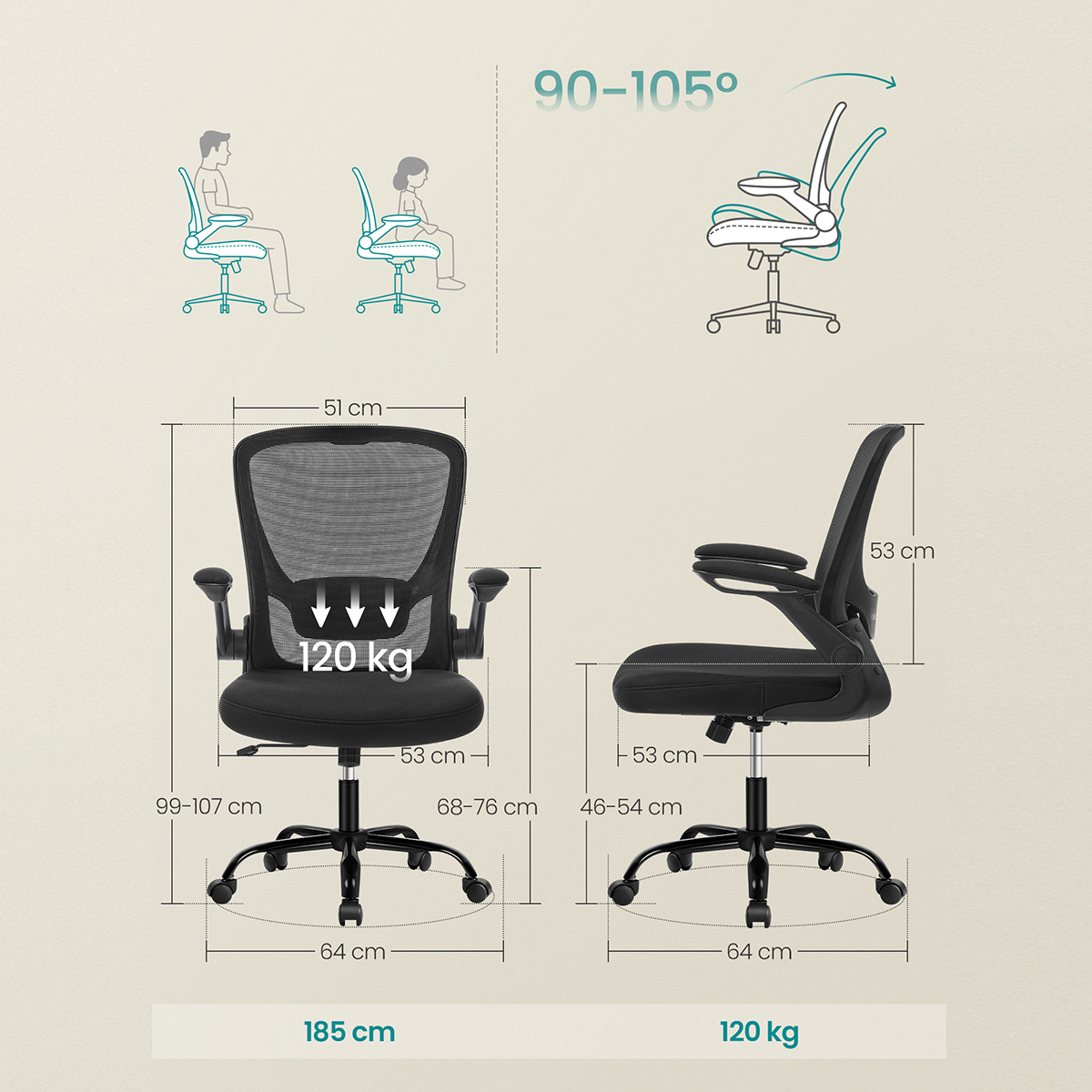 Καρέκλα Γραφείου (64X64X107) Songmics Obn37Bkv2 Home Έπιπλα Καρέκλες Spitishop