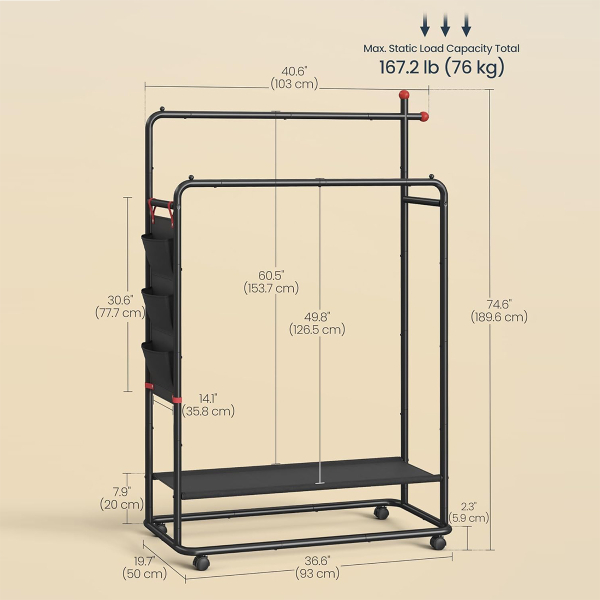 Κρεμάστρα Δαπέδου Διπλή 189.6εκ. Τροχήλατη Songmics HSR171B01