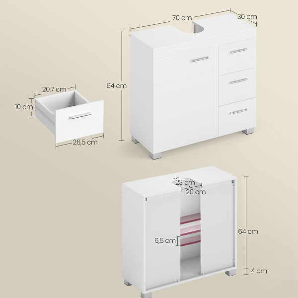Ντουλάπι Μπάνιου Με Συρτάρια Για Νιπτήρα (70x30x64) Vasagle BBK503W10V2