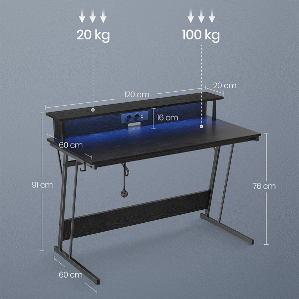 Γραφείο Υπολογιστή Με Ενσωματωμένες Πρίζες & Led (120x60x76) Vasagle LWD192B56V1