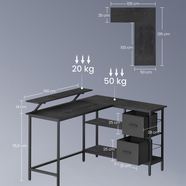 Γωνιακό Γραφείο Υπολογιστή Με 4 Ράφια (135x105x89) Vasagle LWD098B56