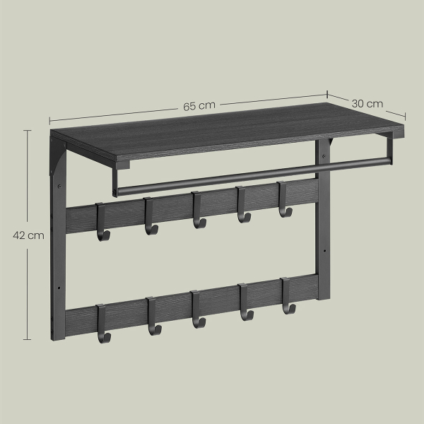 Κρεμάστρα Τοίχου 10 Θέσεων Με Ράφι (65x30x42) Vasagle LCR101B04