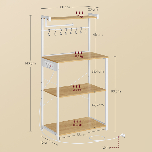 Ραφιέρα Δαπέδου 4 Θέσεων Με Ενσωματωμένες Πρίζες (60x40x140) Vasagle KKS014Y02