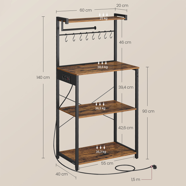 Ραφιέρα Δαπέδου 4 Θέσεων Με Ενσωματωμένες Πρίζες (60x40x140) Vasagle KKS014K02