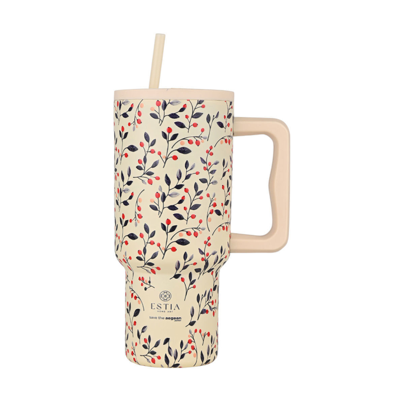 Κούπα Θερμός Με Λαβή & Καλαμάκι 900ml Estia Save The Aegean Tumbler Bloom Beige 01-35181