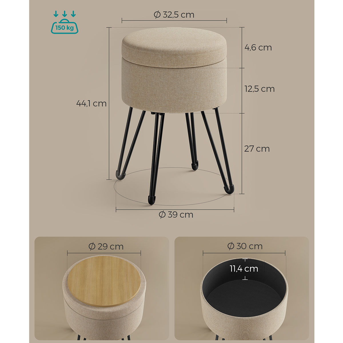 Σκαμπό με Αποθηκευτικό Χώρο (Φ32 5X44 1) Songmics Lom002K01 Home Έπιπλα Spitishop