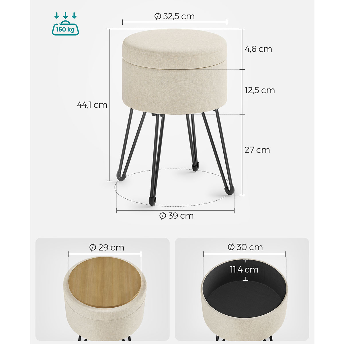 Σκαμπό με Αποθηκευτικό Χώρο (Φ32 5X44 1) Songmics Lom002W01 Home Έπιπλα Spitishop