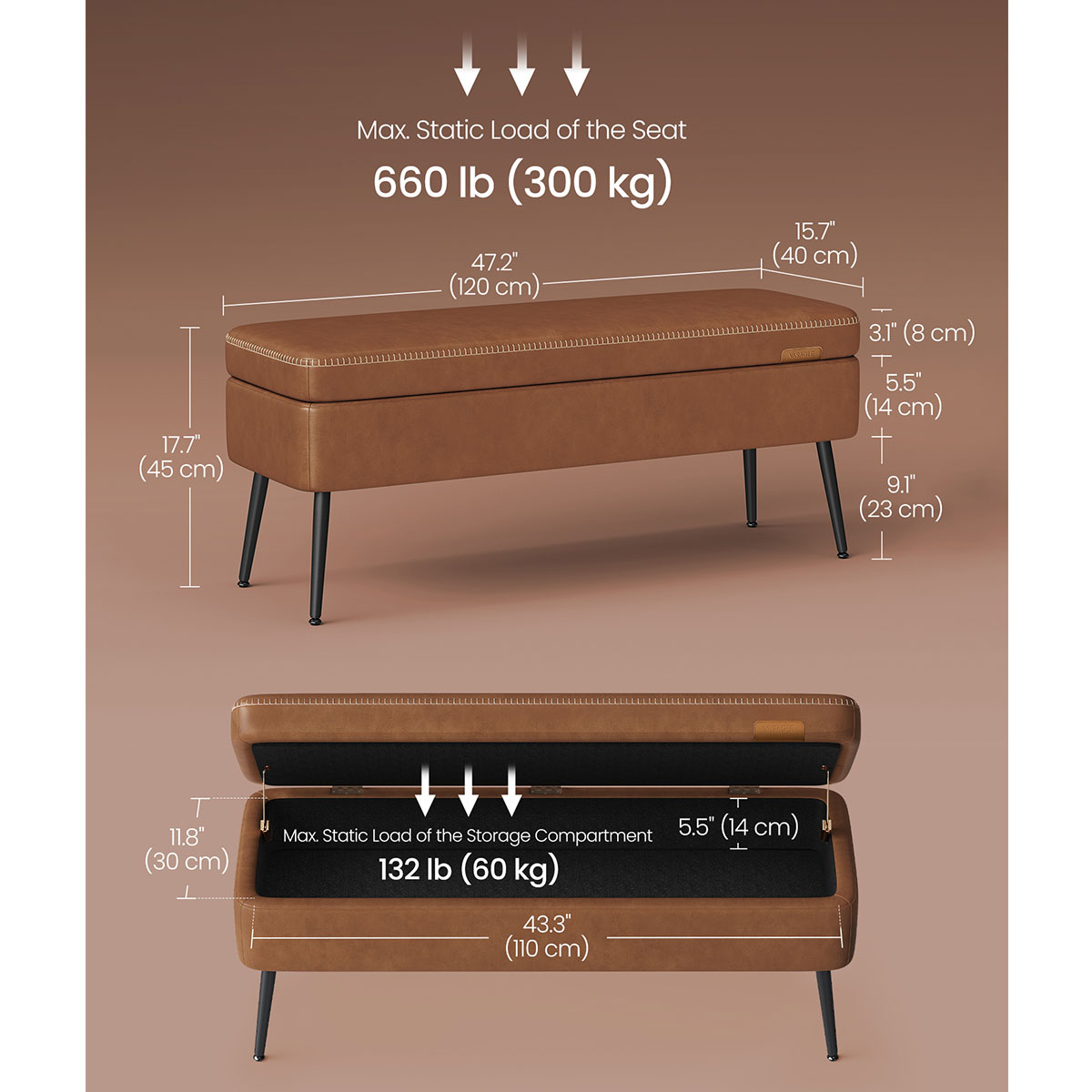 Ταμπουρέ με Αποθηκευτικό Χώρο (120X40X45) Vasagle Lom074K01 Home Έπιπλα Spitishop
