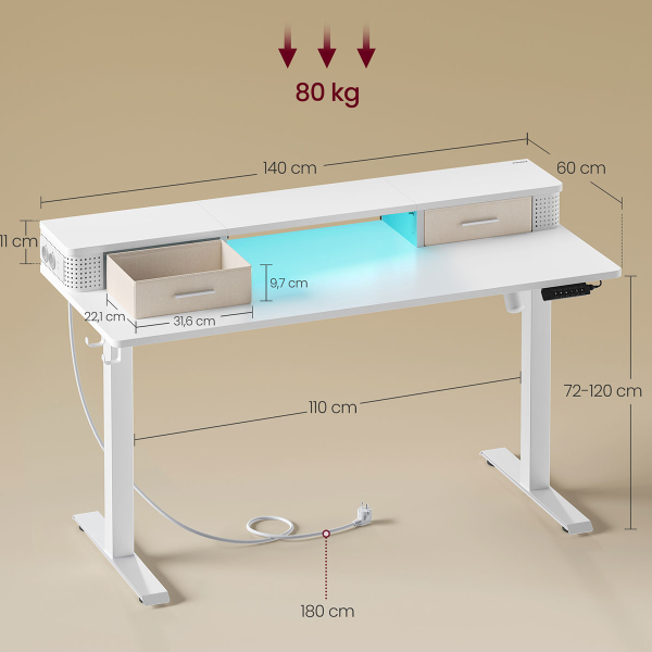 Ηλεκτρικό Γραφείο Με Ενσωματωμένες Πρίζες (140x60x72/120) & Ρυθμιζόμενο Ύψος Vasagle LSD184WZ01