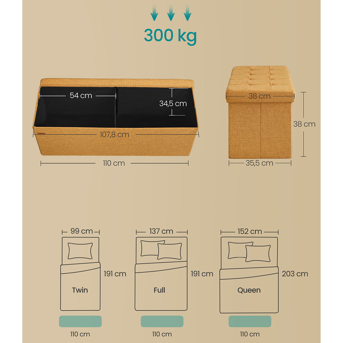 Ταμπουρέ με Αποθηκευτικό Χώρο (110X38X38) Songmics Lsf077K04V1 Home Έπιπλα Spitishop