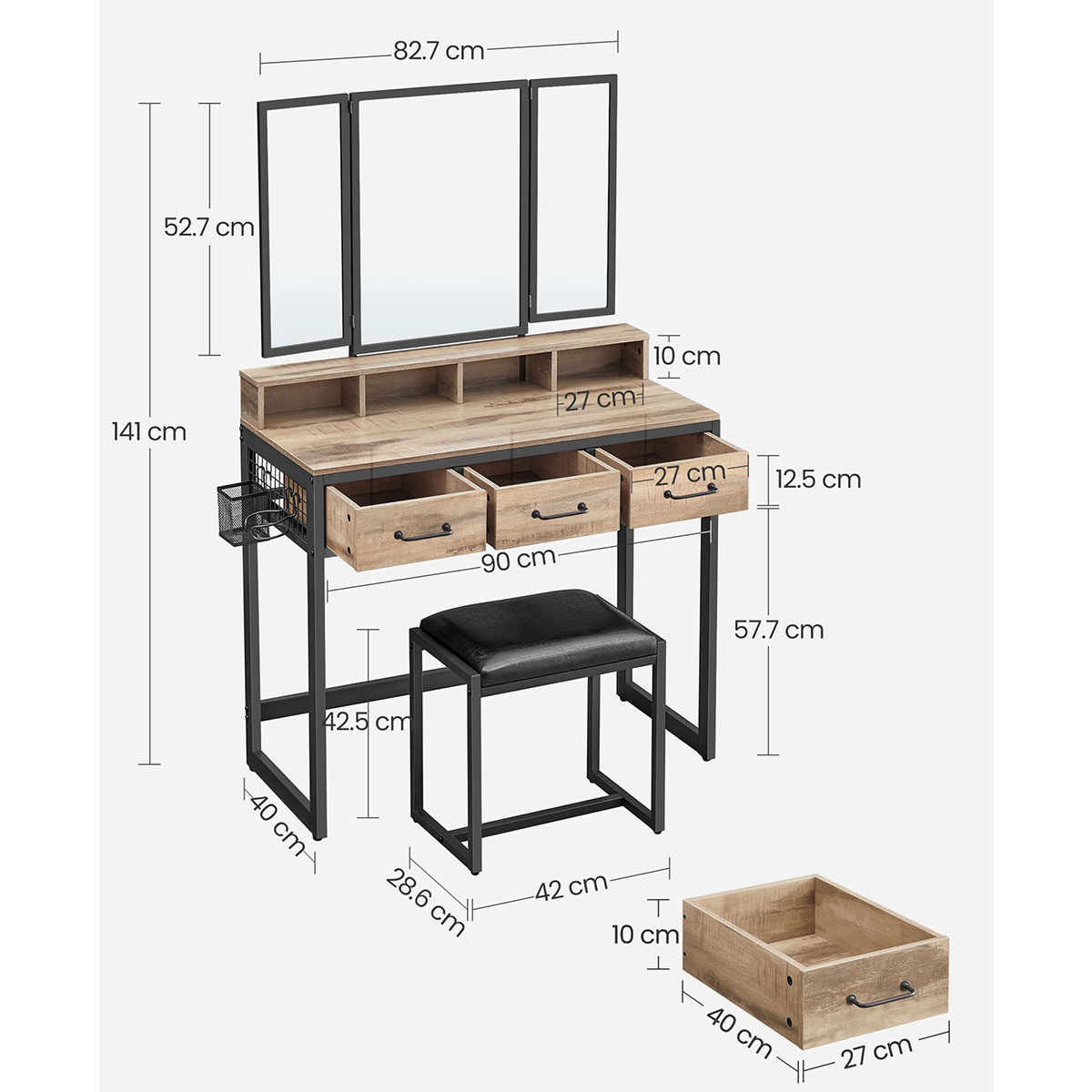 Μπουντουάρ με Καθρέφτη Σκαμπό (90X40X141) Vasagle Rvt004B50 Home Έπιπλα Κρεβατοκάμαρας & Τουαλέτες Spitishop
