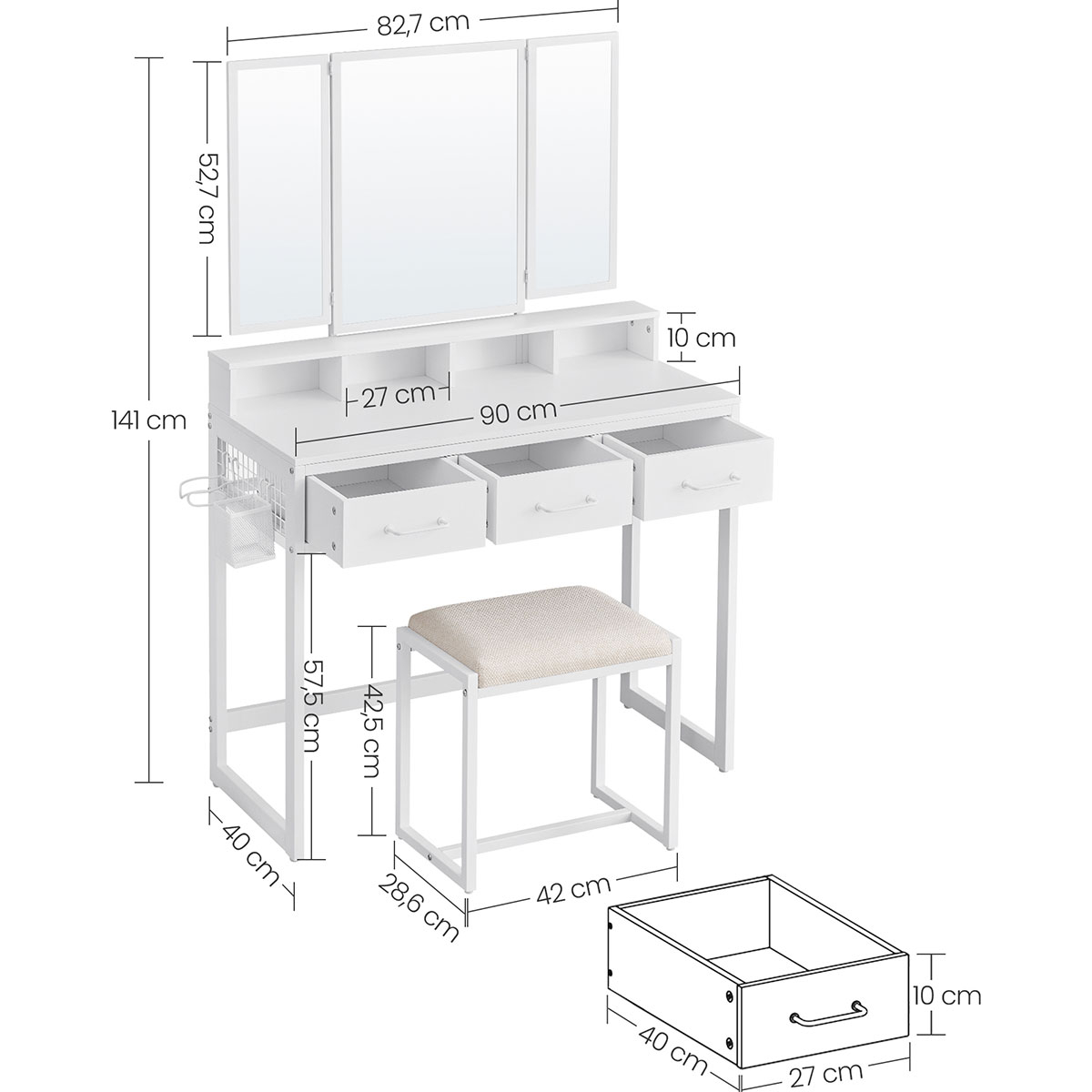 Μπουντουάρ με Καθρέφτη Σκαμπό (90X40X141) Vasagle Rvt004W14V1 Home Έπιπλα Κρεβατοκάμαρας & Τουαλέτες Spitishop