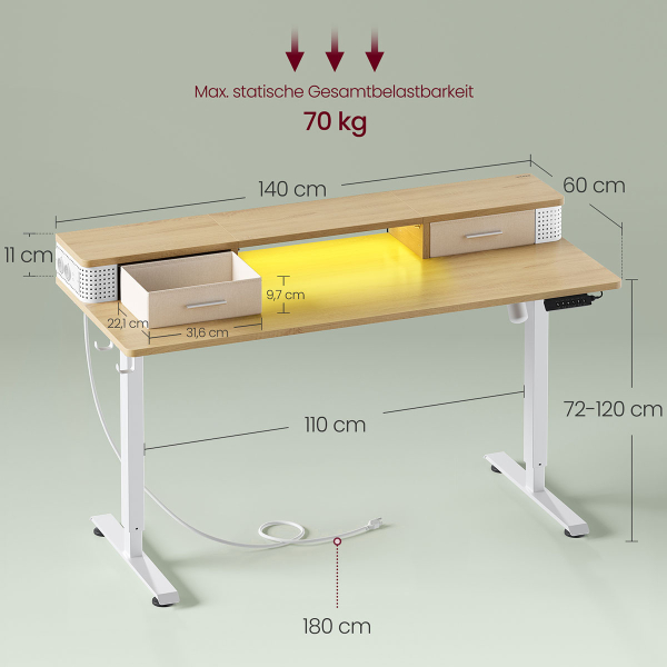 Ηλεκτρικό Γραφείο Με Ενσωματωμένες Πρίζες (140x60x72/120) & Ρυθμιζόμενο Ύψος Vasagle LSD184YD01