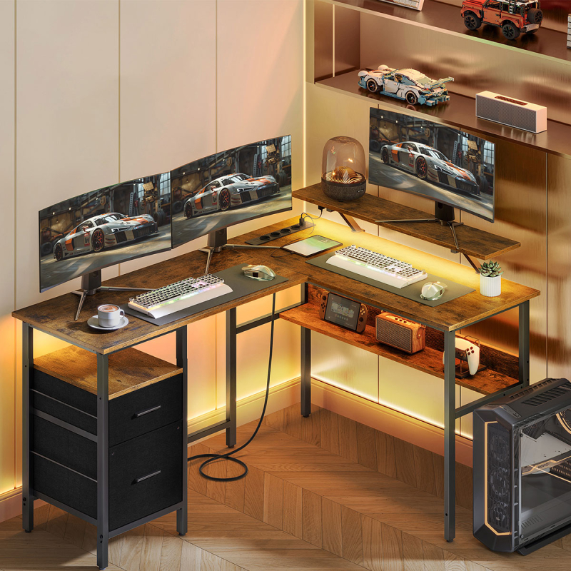 Γωνιακό Γραφείο Υπολογιστή Με Ενσωματωμένες Πρίζες - Led & Τηλεχειριστήριο (150x120x89) Vasagle LWD095K01