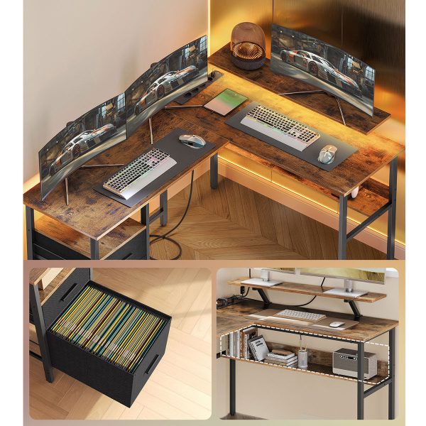 Γωνιακό Γραφείο Υπολογιστή Με Ενσωματωμένες Πρίζες - Led & Τηλεχειριστήριο (150x120x89) Vasagle LWD095K01