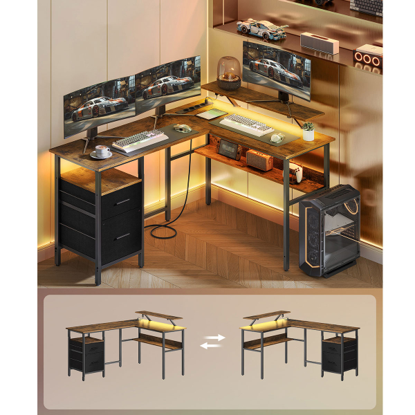 Γωνιακό Γραφείο Υπολογιστή Με Ενσωματωμένες Πρίζες - Led & Τηλεχειριστήριο (150x120x89) Vasagle LWD095K01