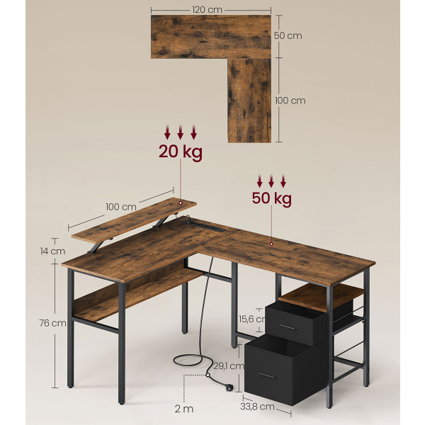 Γωνιακό Γραφείο Υπολογιστή Με Ενσωματωμένες Πρίζες - Led & Τηλεχειριστήριο (150x120x89) Vasagle LWD095K01