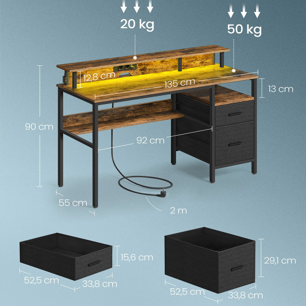Γραφείο Υπολογιστή Με Ενσωματωμένες Πρίζες & Led (135x55x89) Vasagle LWD094K02
